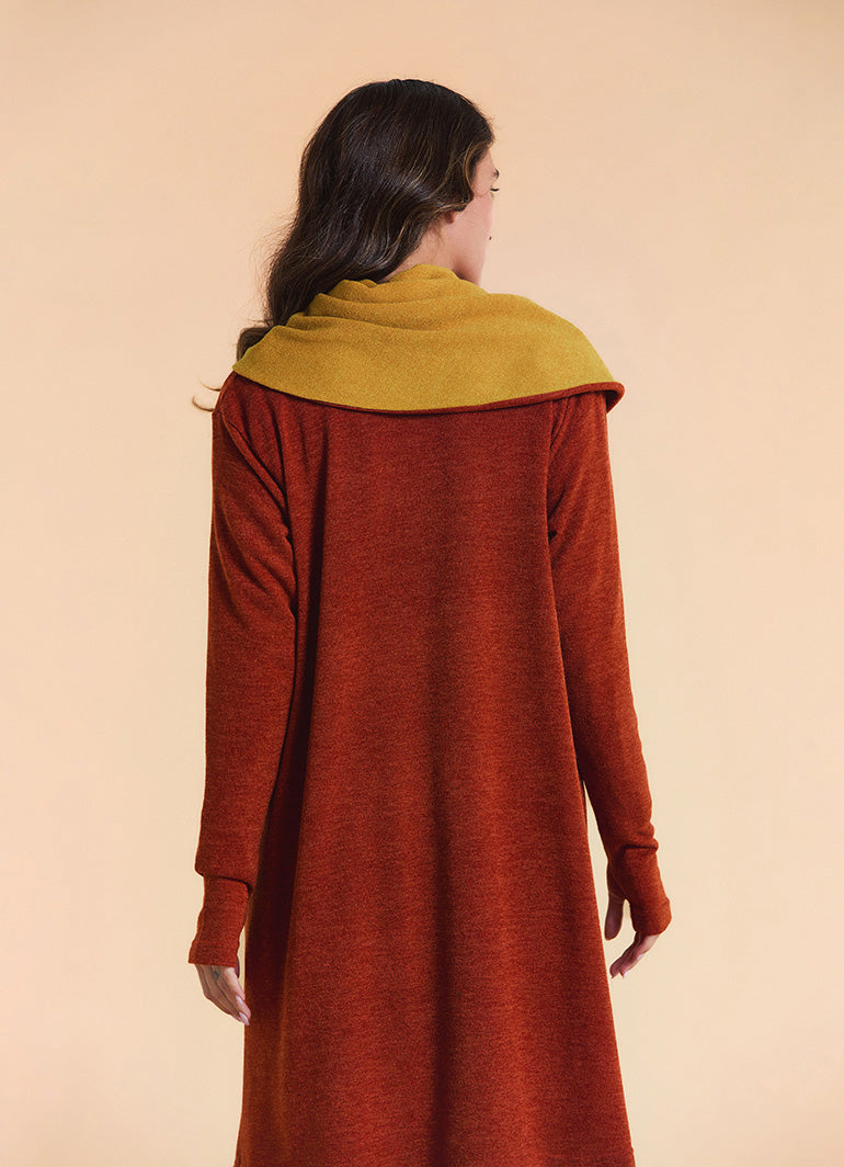 Hooded Wrap Front Thumbhole Sleeve Terracotta Long Knit Cardigan