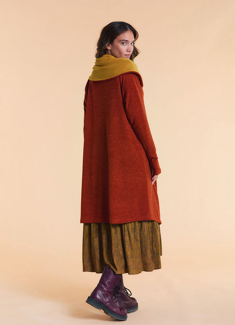 Hooded Wrap Front Thumbhole Sleeve Terracotta Long Knit Cardigan