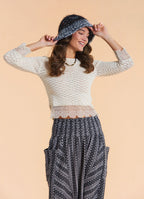 Crew Neck Lace Knit Detail Beige Womens Knit Top