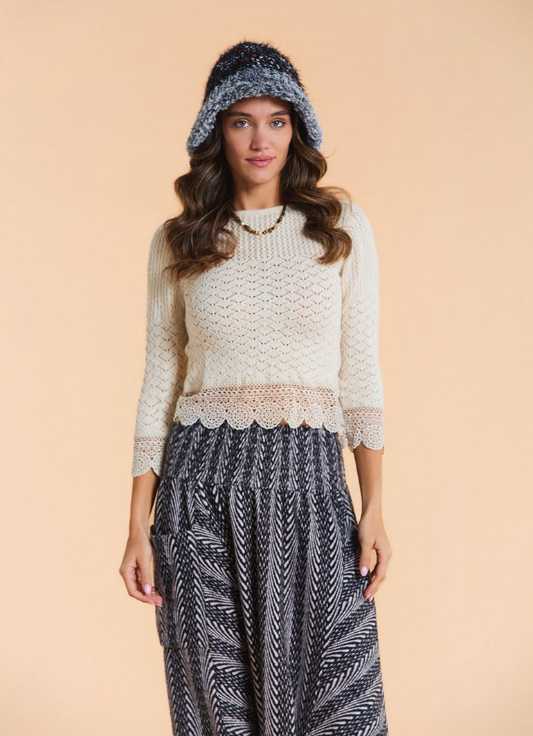 Crew Neck Lace Knit Detail Beige Womens Knit Top