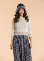 Crew Neck Lace Knit Detail Beige Womens Knit Top