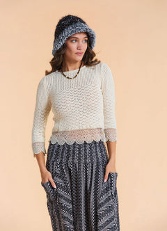 Crew Neck Lace Knit Detail Beige Womens Knit Top