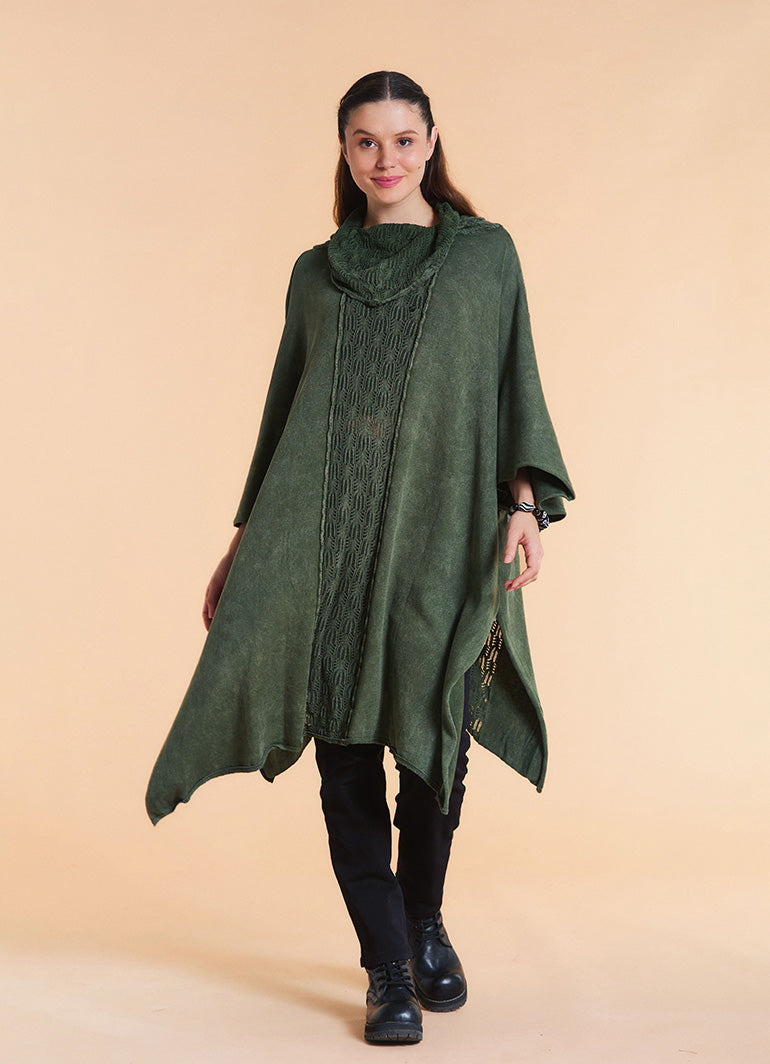 Cowl Neck Cable Knit Green Poncho Tunic