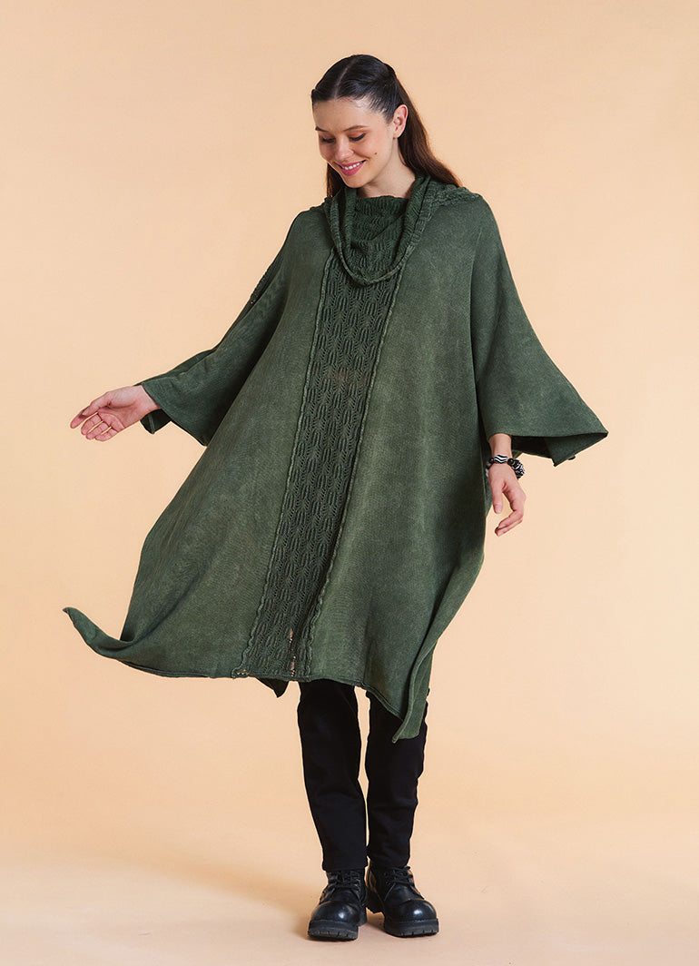 Cowl Neck Cable Knit Green Poncho Tunic
