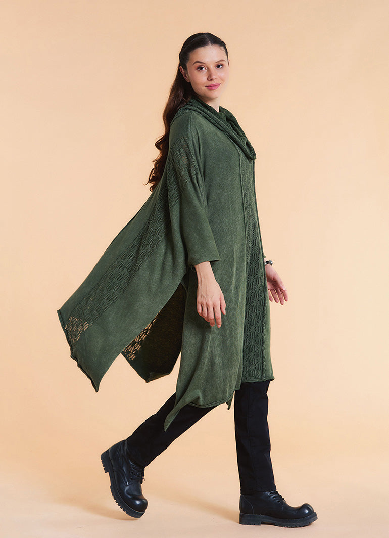 Cowl Neck Cable Knit Green Poncho Tunic