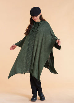 Cowl Neck Cable Knit Green Poncho Tunic