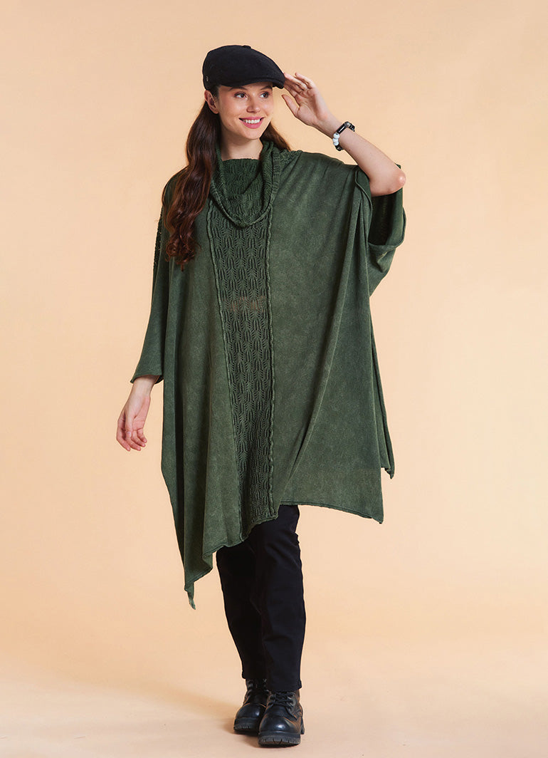 Cowl Neck Cable Knit Green Poncho Tunic
