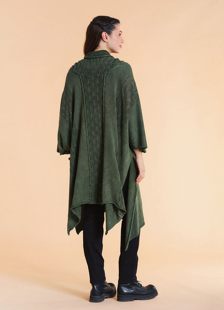 Cowl Neck Cable Knit Green Poncho Tunic