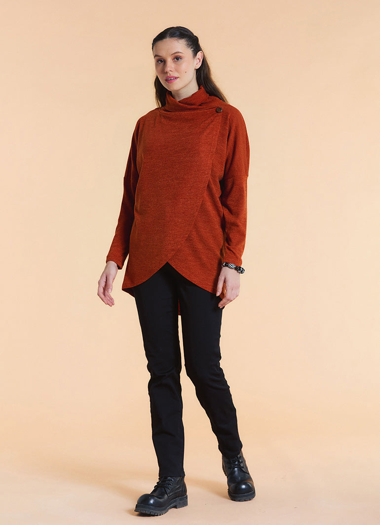 Cowl Neck Button Detail Terracotta Knit Cardigan