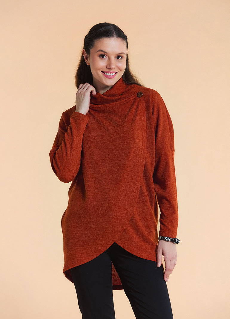 Cowl Neck Button Detail Terracotta Knit Cardigan