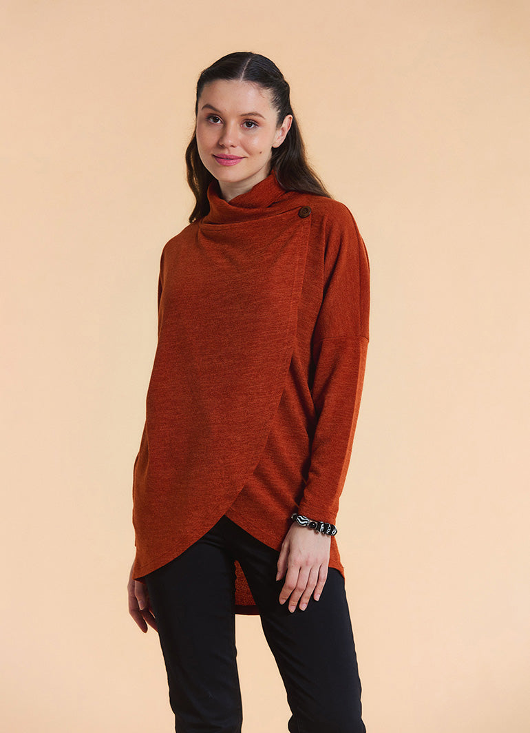 Cowl Neck Button Detail Terracotta Knit Cardigan