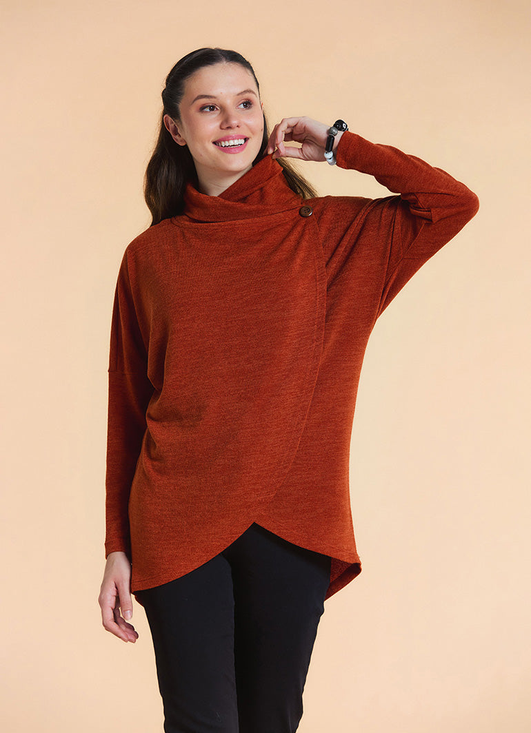 Cowl Neck Button Detail Terracotta Knit Cardigan