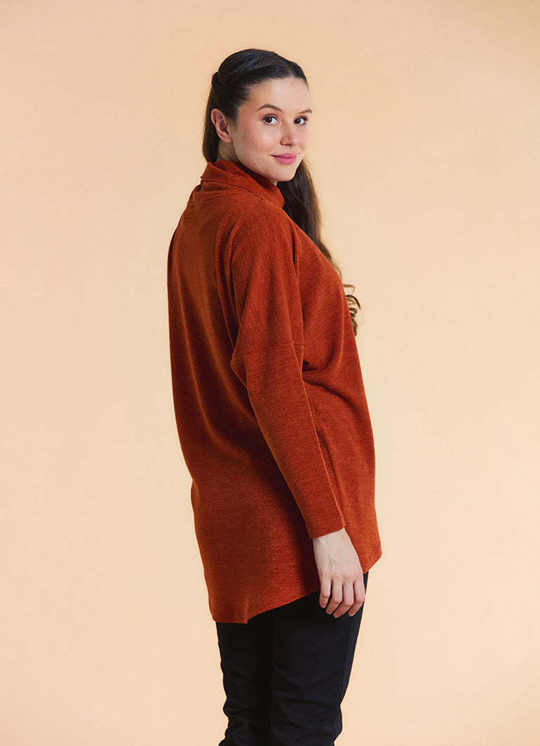 Cowl Neck Button Detail Terracotta Knit Cardigan