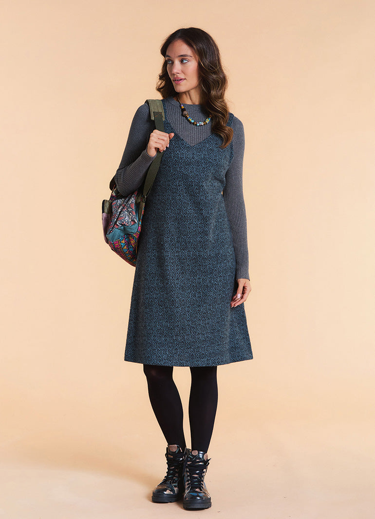 V Neck Thick Strap Teal Winter Pinafore Dress