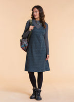 V Neck Thick Strap Teal Winter Pinafore Dress