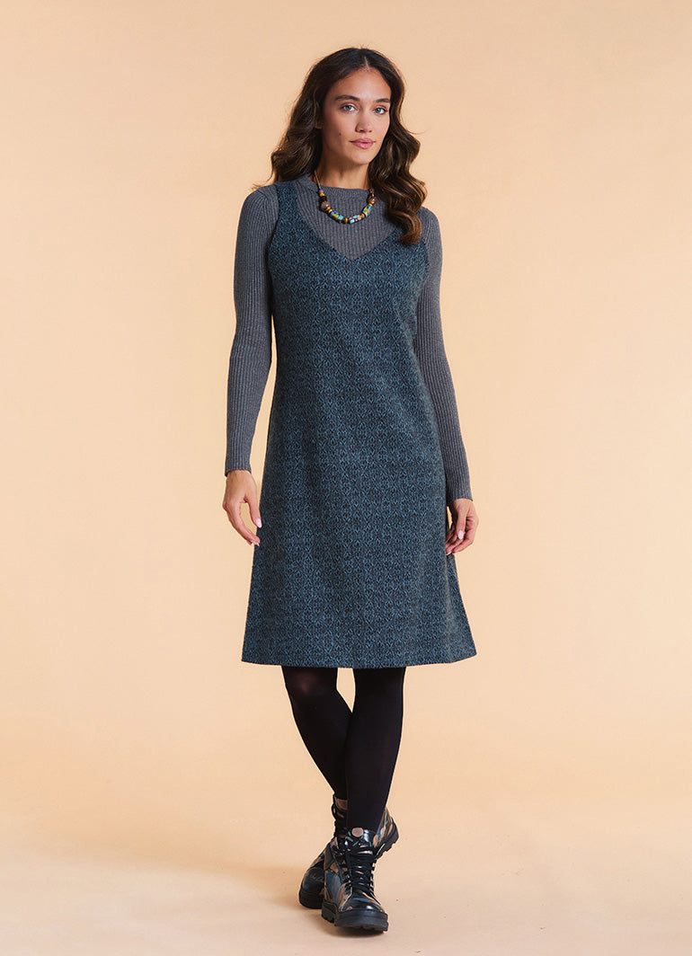 V Neck Thick Strap Teal Winter Pinafore Dress
