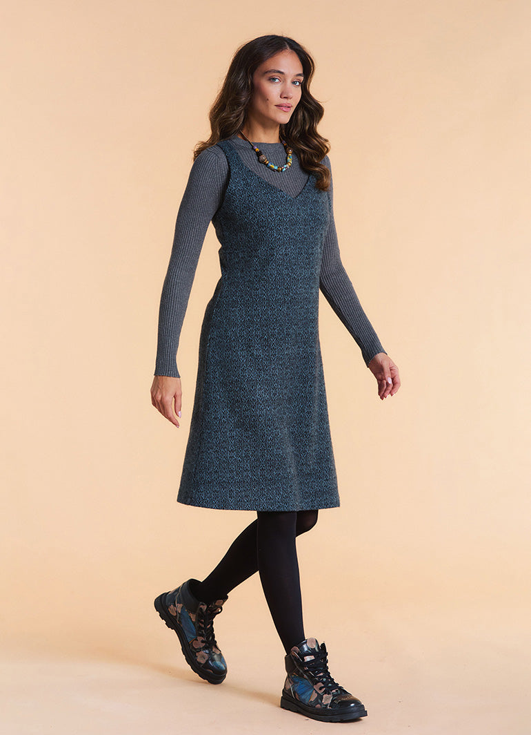 V Neck Thick Strap Teal Winter Pinafore Dress