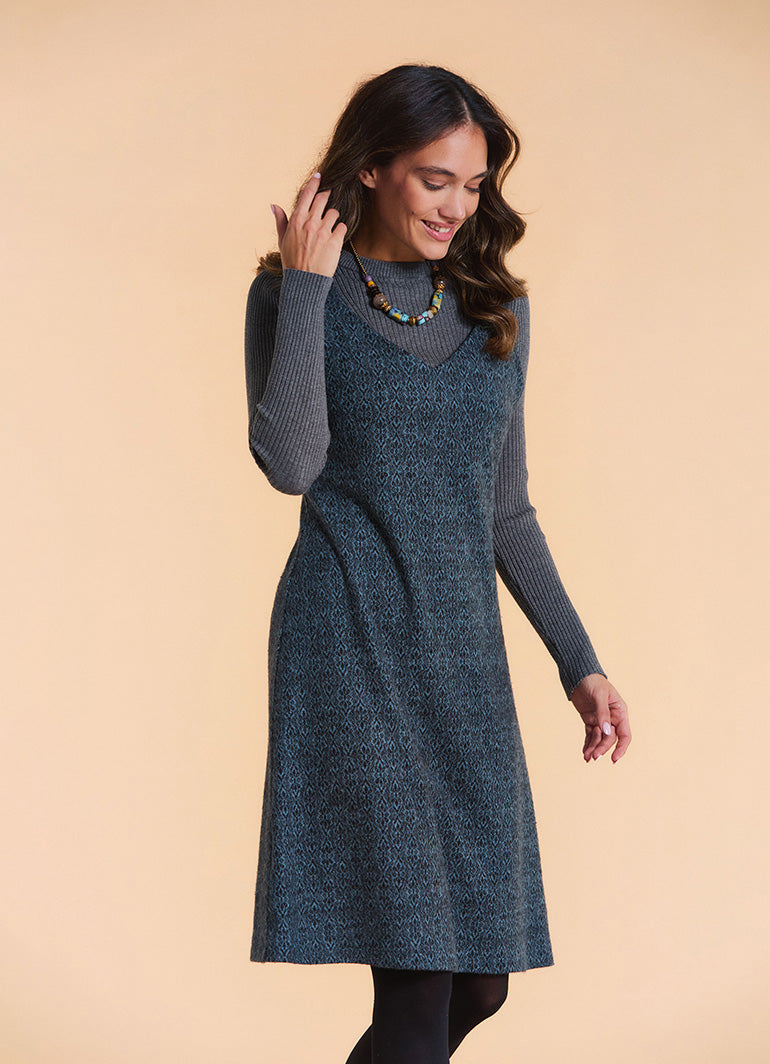 V Neck Thick Strap Teal Winter Pinafore Dress