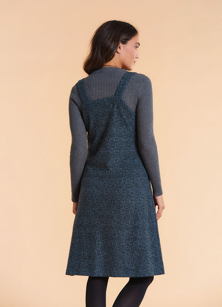 V Neck Thick Strap Teal Winter Pinafore Dress