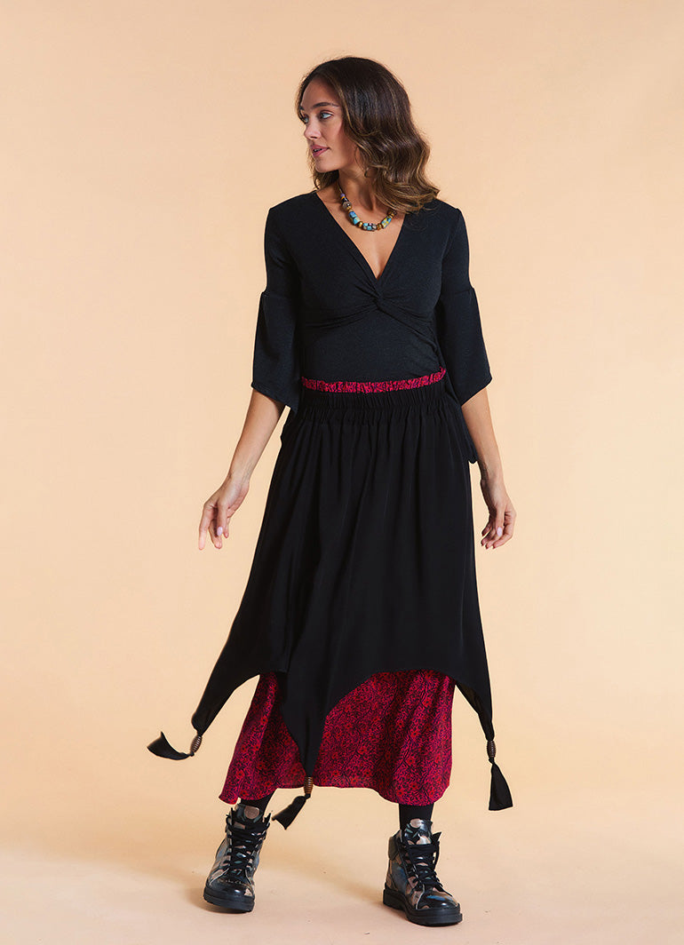 Elastic Waist Double Layer Fuchsia Print Asymmetrical Skirt