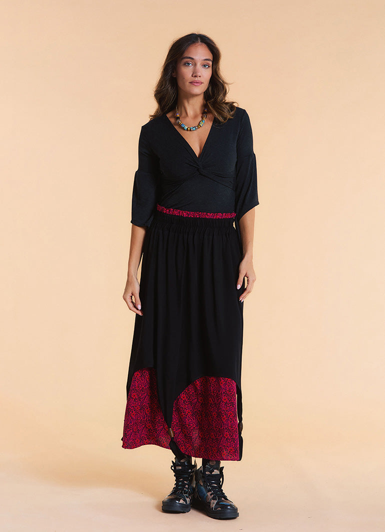 Elastic Waist Double Layer Fuchsia Print Asymmetrical Skirt