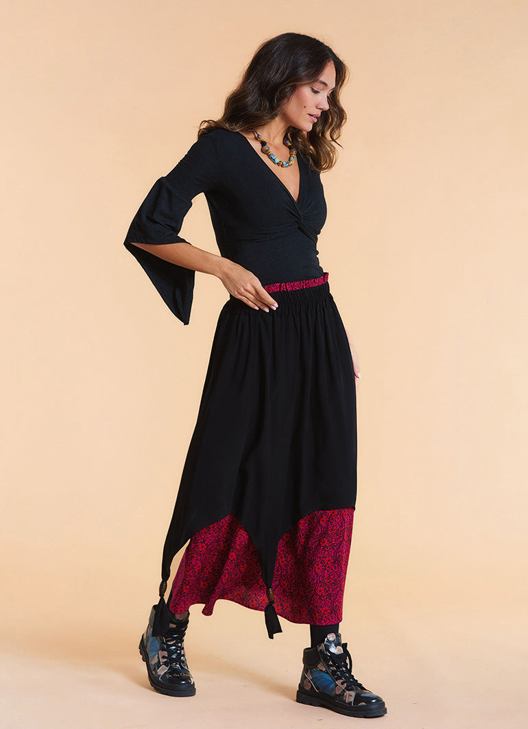 Elastic Waist Double Layer Fuchsia Print Asymmetrical Skirt