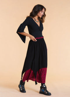 Elastic Waist Double Layer Fuchsia Print Asymmetrical Skirt