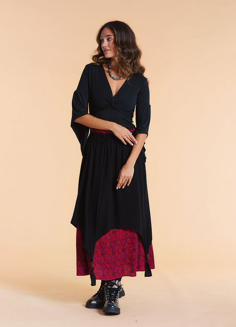 Elastic Waist Double Layer Fuchsia Print Asymmetrical Skirt