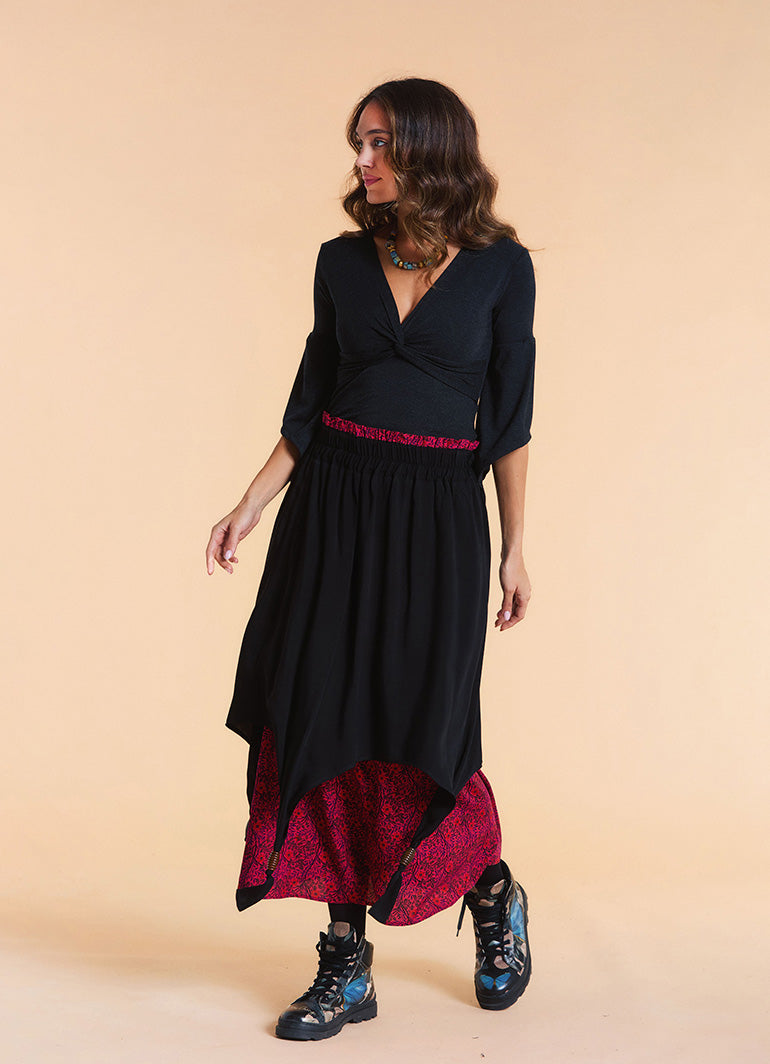 Elastic Waist Double Layer Fuchsia Print Asymmetrical Skirt