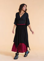 Elastic Waist Double Layer Fuchsia Print Asymmetrical Skirt