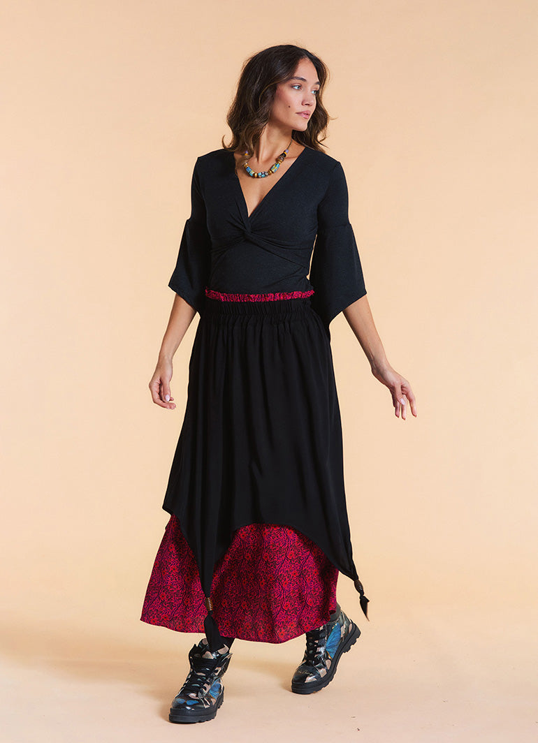 Elastic Waist Double Layer Fuchsia Print Asymmetrical Skirt