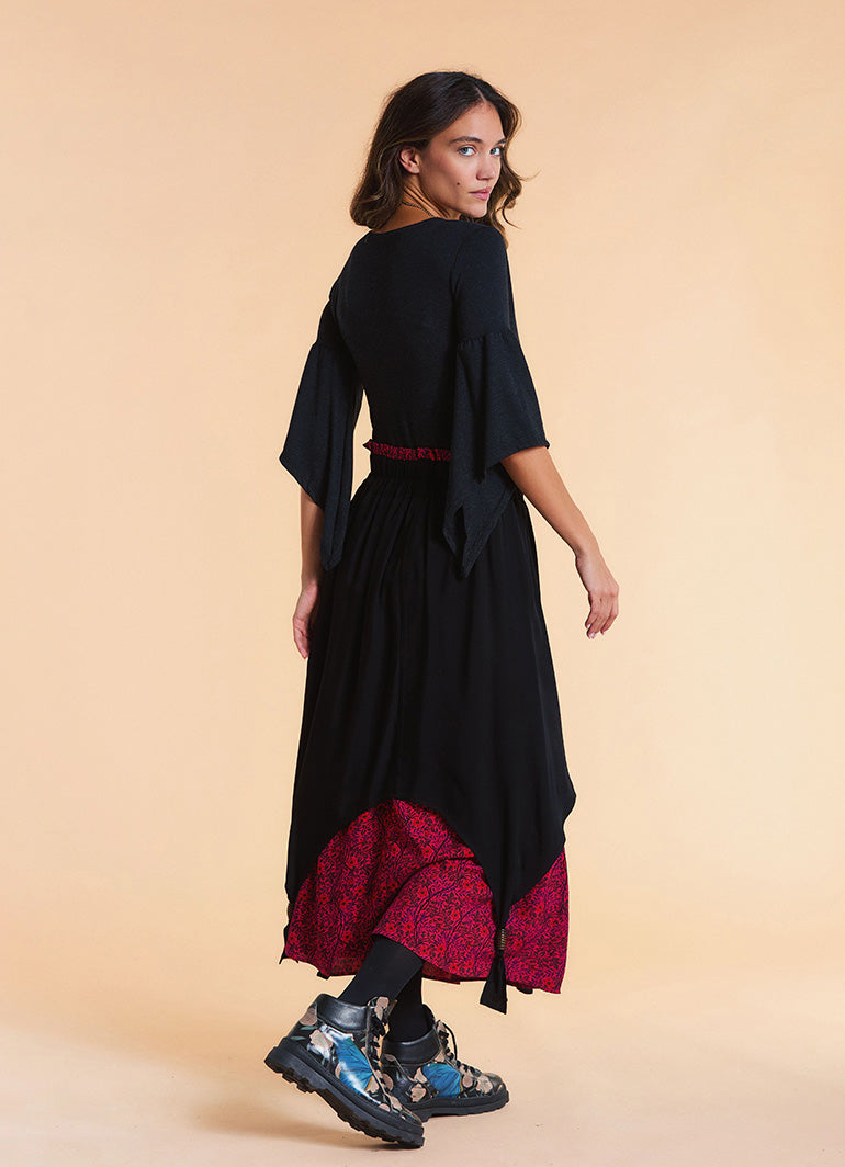 Elastic Waist Double Layer Fuchsia Print Asymmetrical Skirt