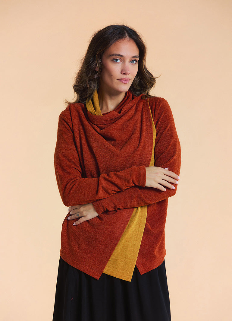 Cowl Neck Thumbhole Sleeve Terracotta Long Knit Cardigan