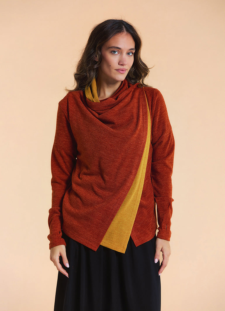 Cowl Neck Thumbhole Sleeve Terracotta Long Knit Cardigan