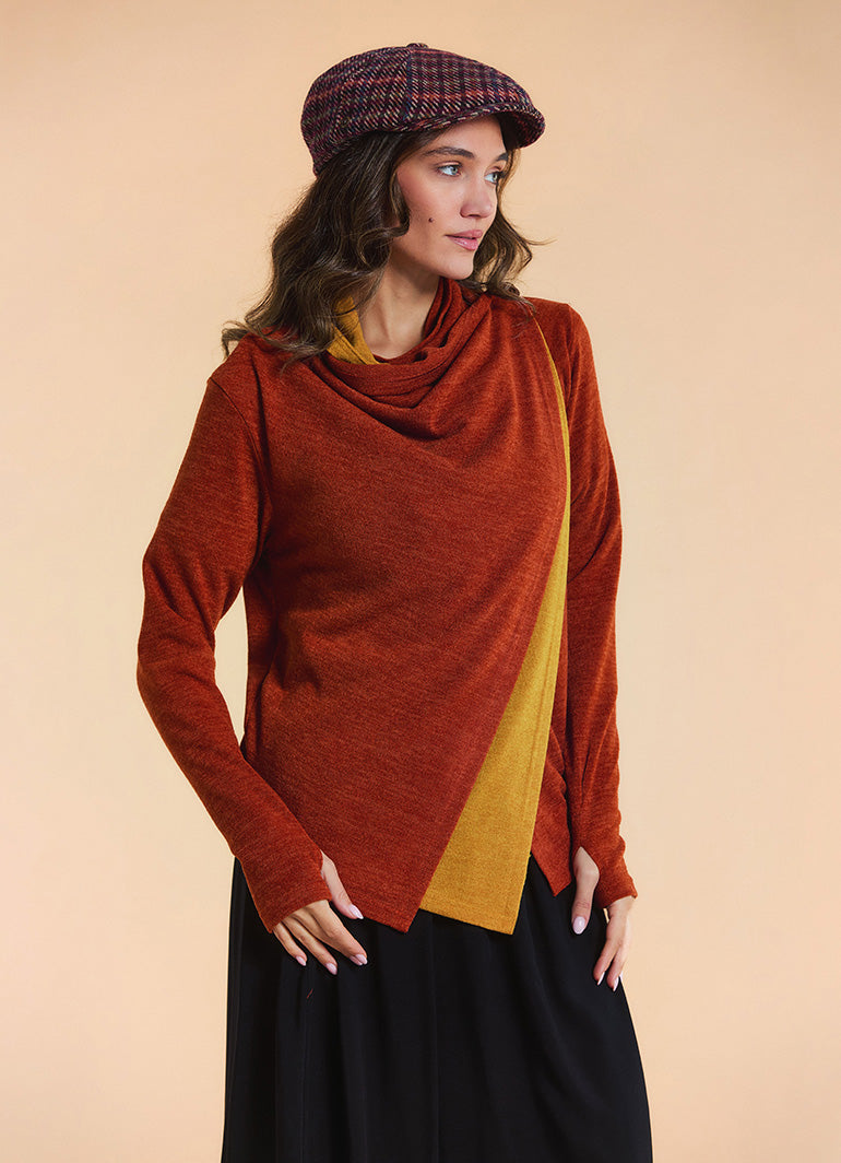 Cowl Neck Thumbhole Sleeve Terracotta Long Knit Cardigan