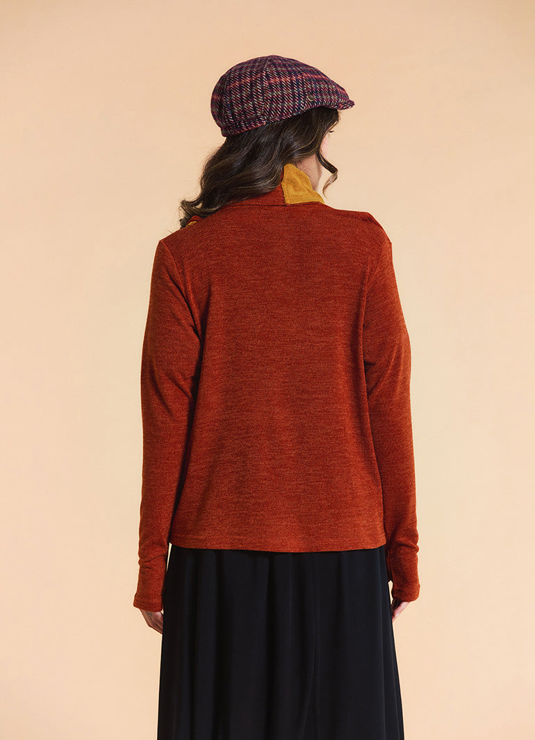 Cowl Neck Thumbhole Sleeve Terracotta Long Knit Cardigan