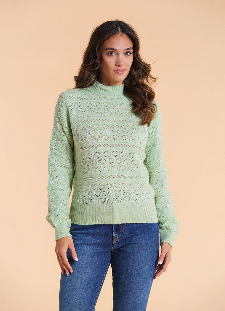 High Neck Openwork Knit Mint Womens Sweater