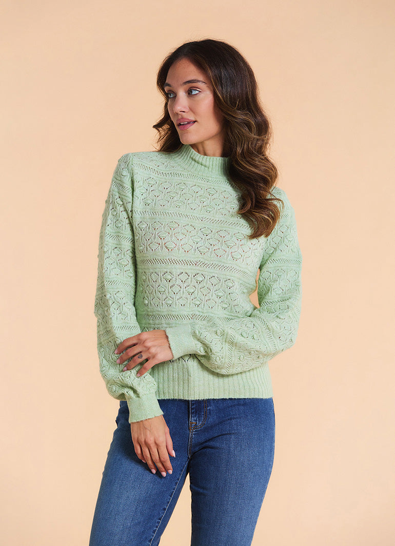 High Neck Openwork Knit Mint Womens Sweater