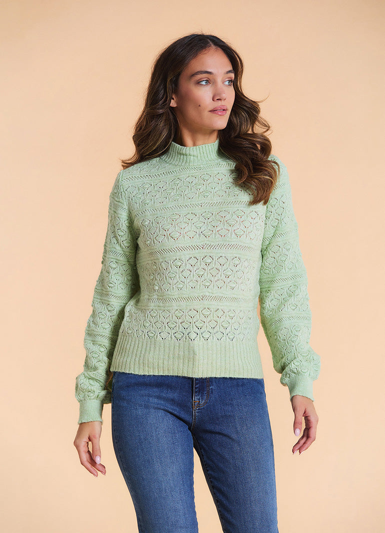 High Neck Openwork Knit Mint Womens Sweater