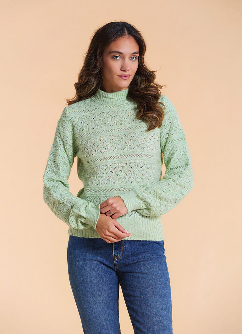 High Neck Openwork Knit Mint Womens Sweater