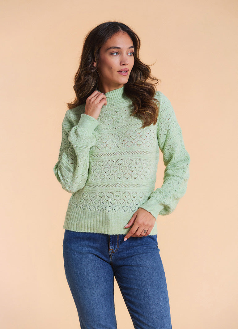 High Neck Openwork Knit Mint Womens Sweater