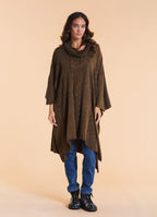 Cowl Neck Cable Knit Brown Poncho Tunic
