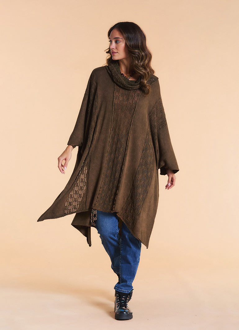 Cowl Neck Cable Knit Brown Poncho Tunic