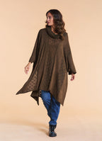 Cowl Neck Cable Knit Brown Poncho Tunic