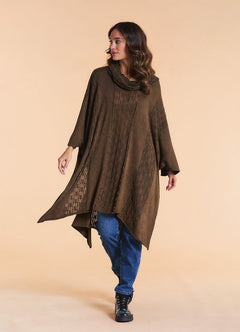 Cowl Neck Cable Knit Brown Poncho Tunic