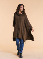 Cowl Neck Cable Knit Brown Poncho Tunic