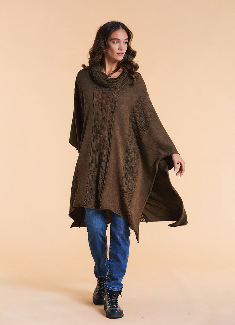 Cowl Neck Cable Knit Brown Poncho Tunic