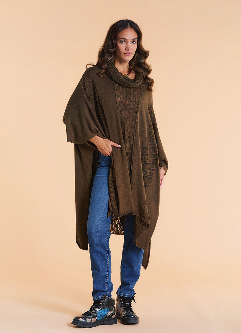 Cowl Neck Cable Knit Brown Poncho Tunic