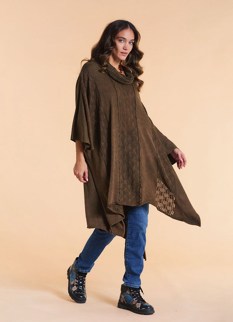 Cowl Neck Cable Knit Brown Poncho Tunic