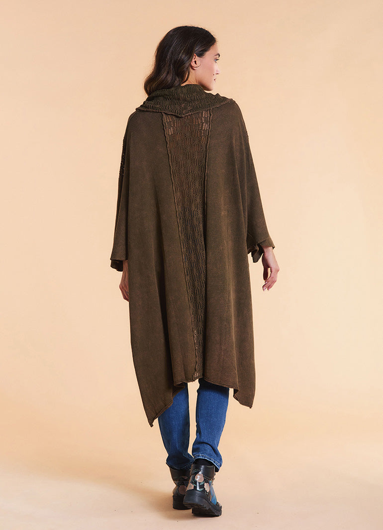 Cowl Neck Cable Knit Brown Poncho Tunic